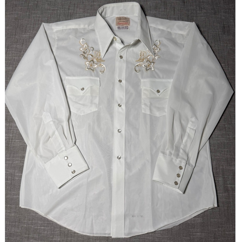 Vintage H Bar C Ranchwear White Western Pearl Snap Shirt Embroidered Mens 17-33